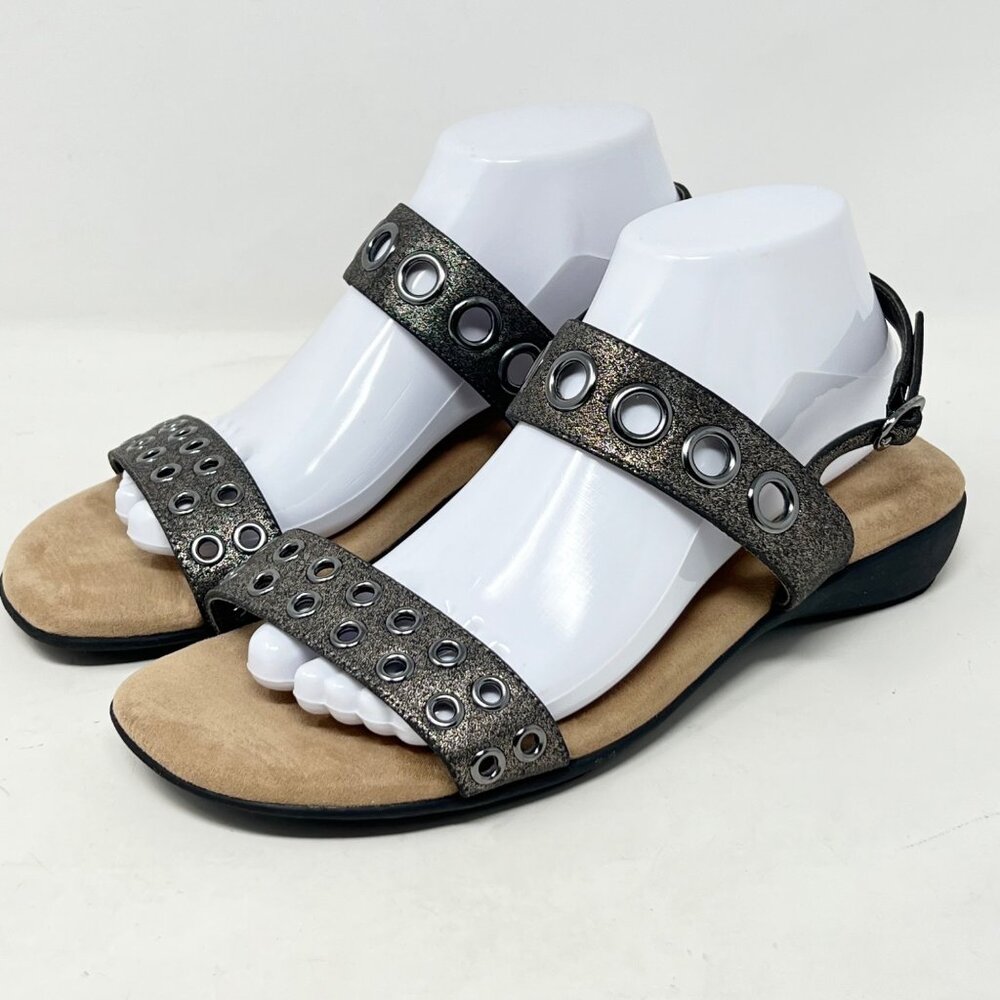 Ros Hommerson Meredith Pewter Brown Metallic Grommet Detail Sandal 9.5WW